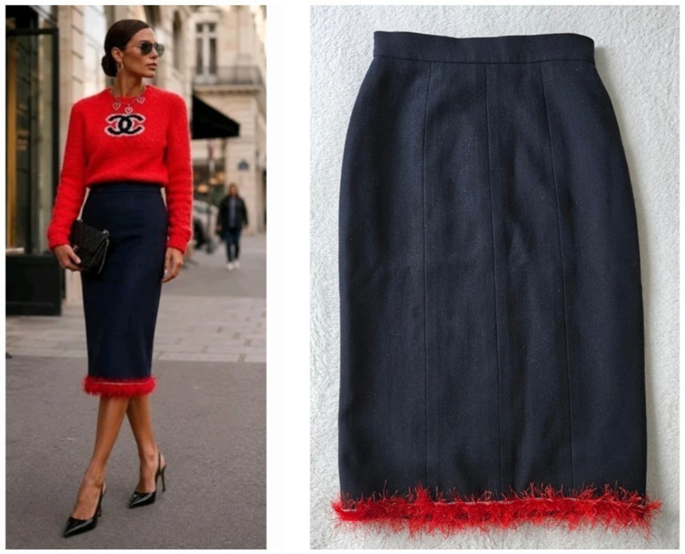 CHANEL France vintage fringed chain eyelash pearl trim dress skirt FR-40 / US-8